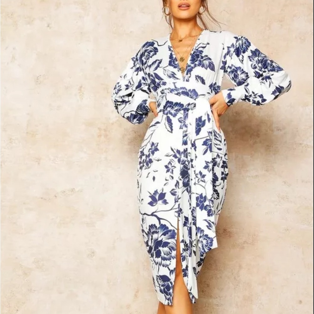 Floral, print, plunge tie waist, midi dress